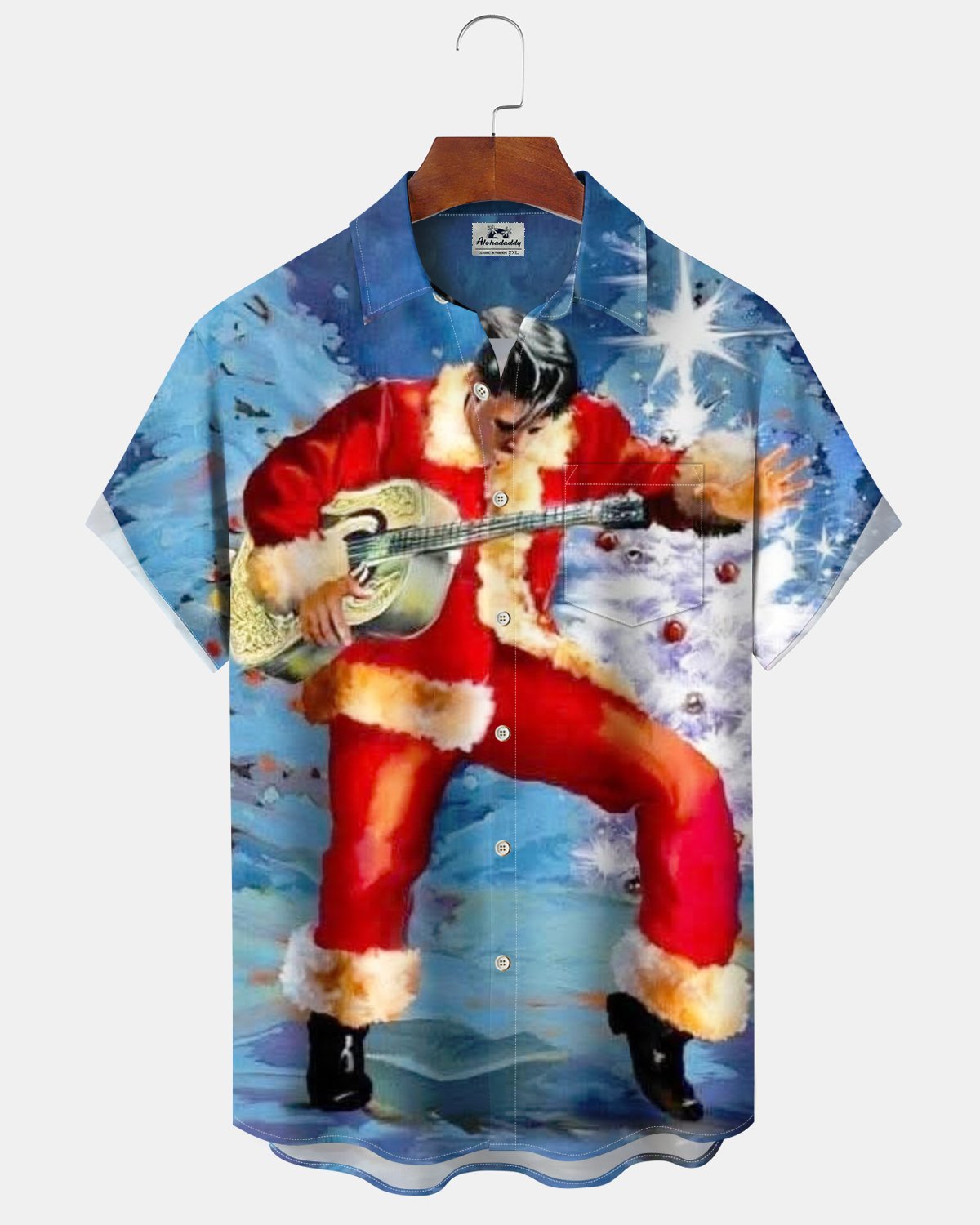 Alohadaddy® Christmas Elvis Print Short Sleeve Shirt for Men Big & Tall with Elvis Print Pockets and Elastic Buttons