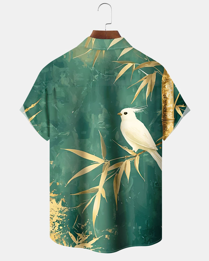 Alohadaddy® Hawaiian Bamboo and Bird Print Art Pocket Button-Down Short-Sleeve Shirt for Men Big &amp; Tall