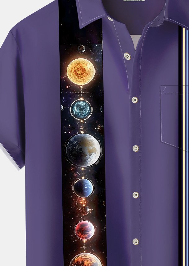 Alohadaddy® Hawaiian Stripes Planet Art Print Pockets Moisture Wicking Oversized Stretch Shirt