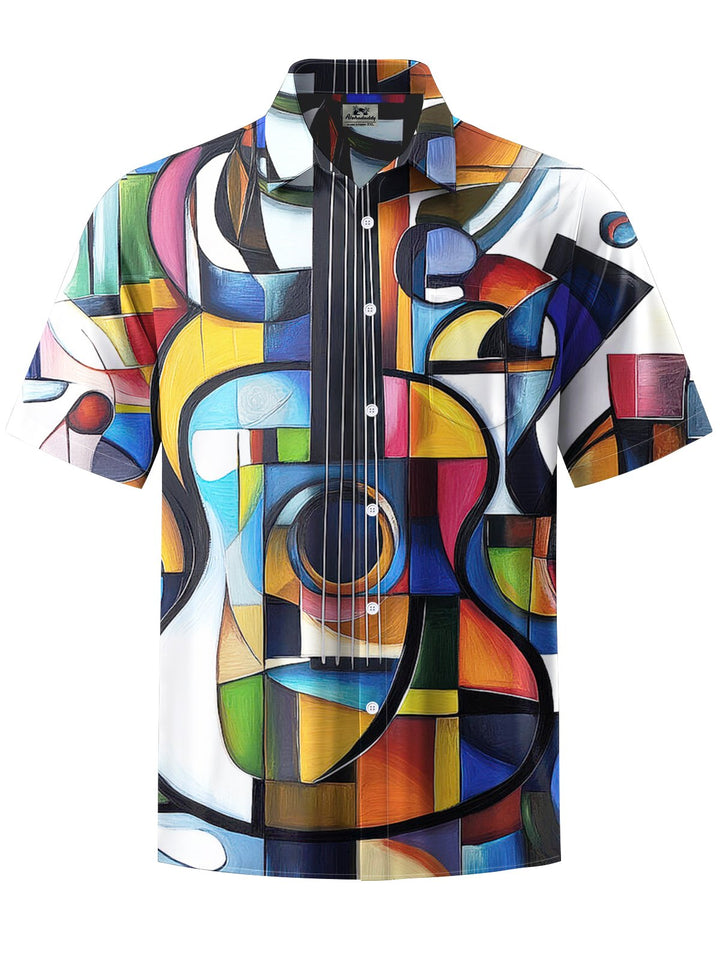 Alohadaddy® Vintage Geometric Guitar Print Art Chest Pocket Men&