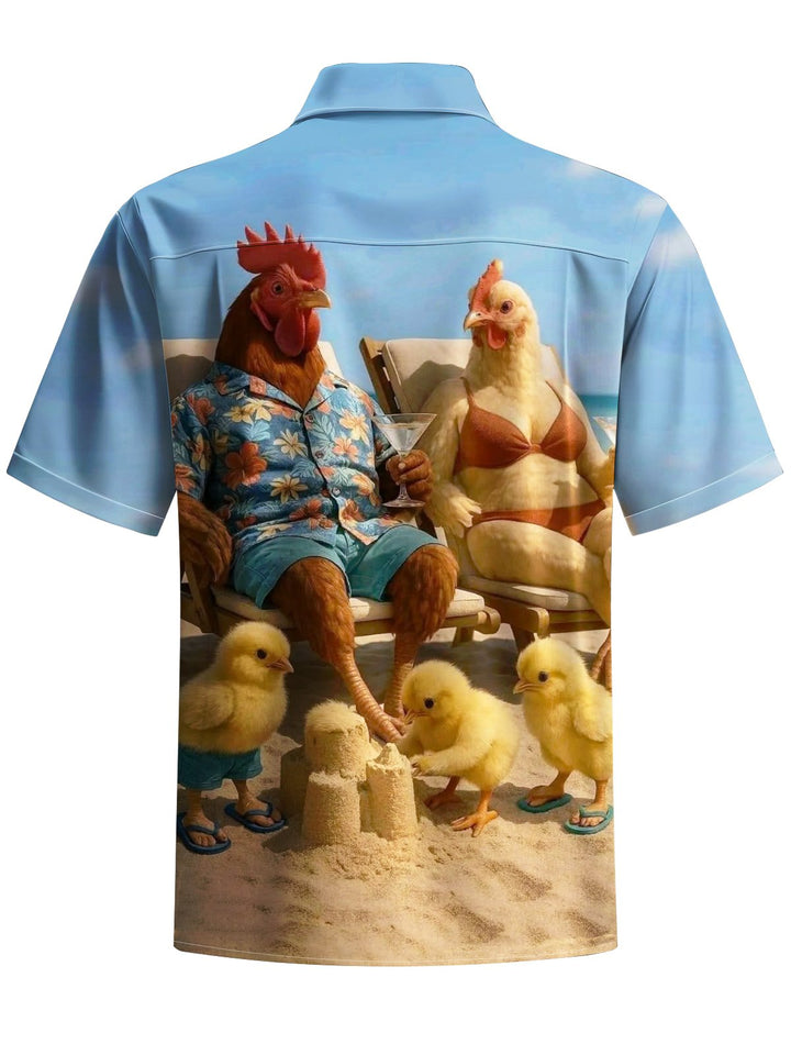 Alohadaddy® Hawaiian Chicken Vacation Art Print Chest Pocket Moisture Wicking Men&