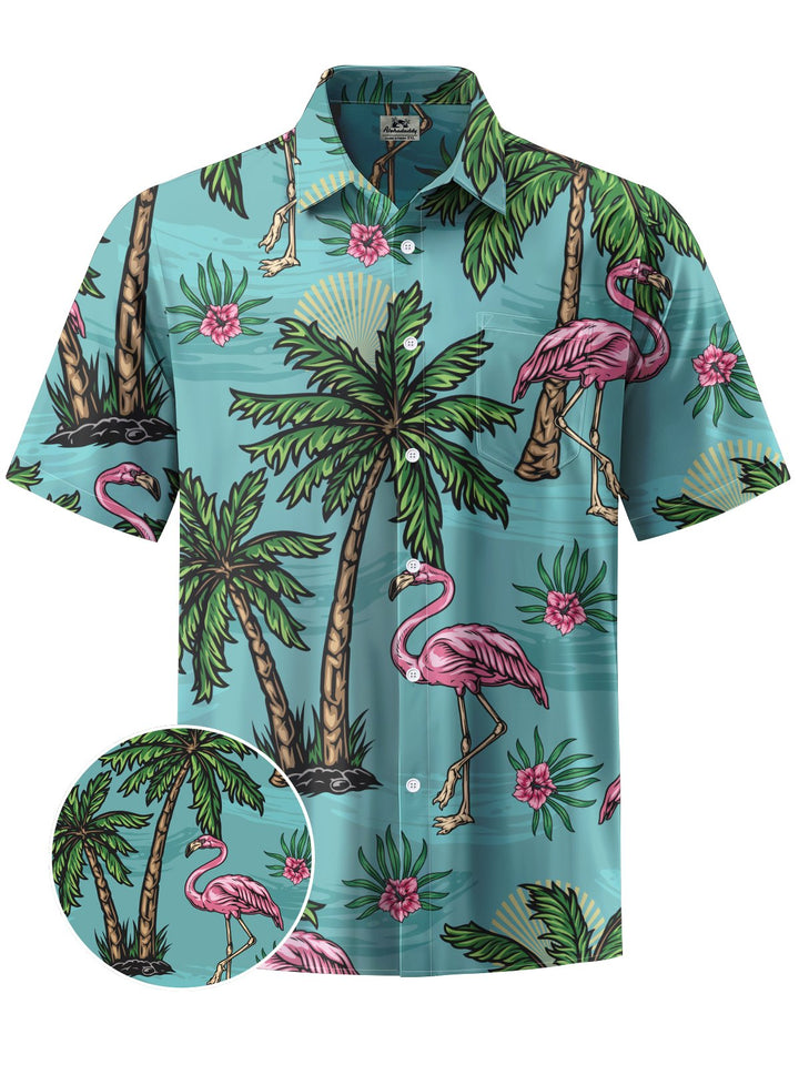 Alohadaddy® Hawaiian Palm Tree Flamingo Art Print Chest Pocket Mens Short Sleeve Shirts Big &amp; Tall