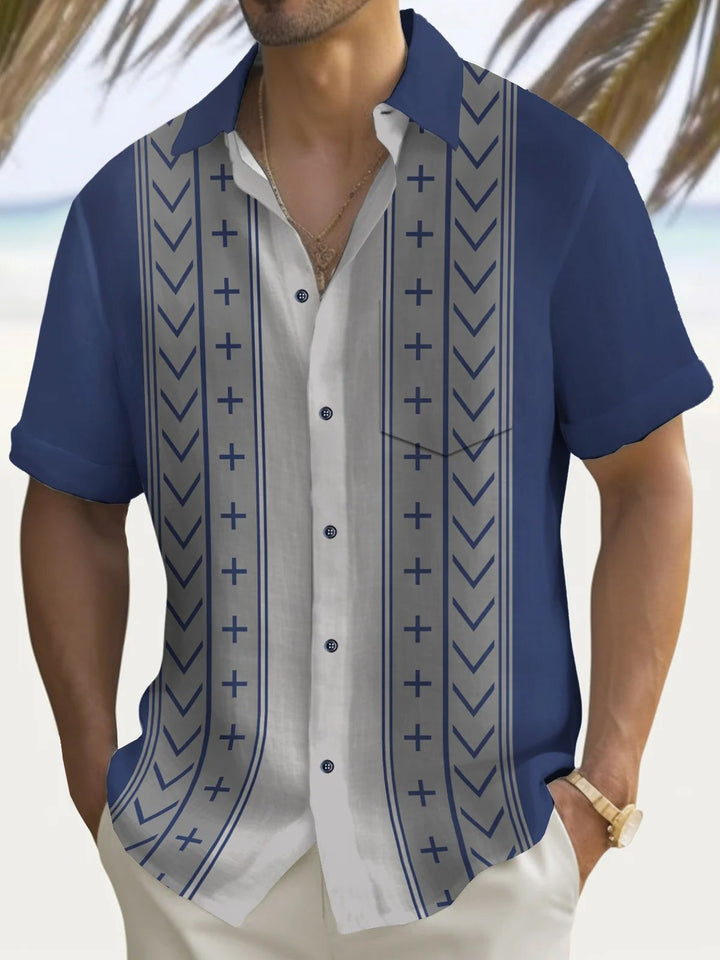 Alohadaddy® Casual Stripe Contrast Print Art Chest Pocket Men&