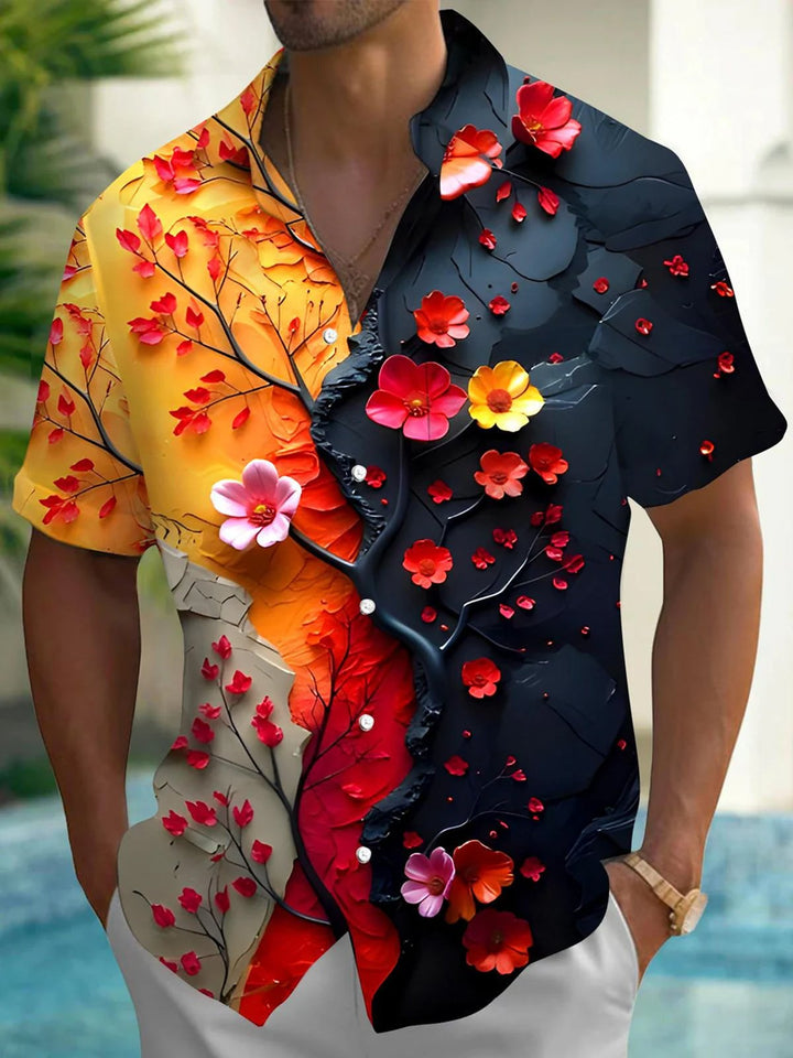 Alohadaddy® Casual Vintage Contrast Floral Art Print Chest Pocket Men&