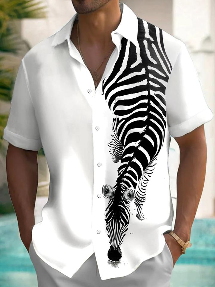 Alohadaddy® Casual Zebra Art Print Chest Pocket Men&