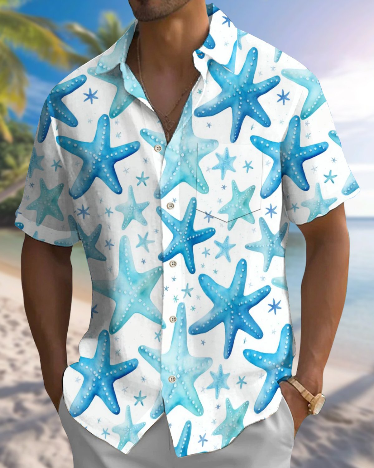 Alohadaddy® Hawaiian Starfish Geometric Print Pocket Elastic Button Men's Long Sleeve Shirt Big & Tall