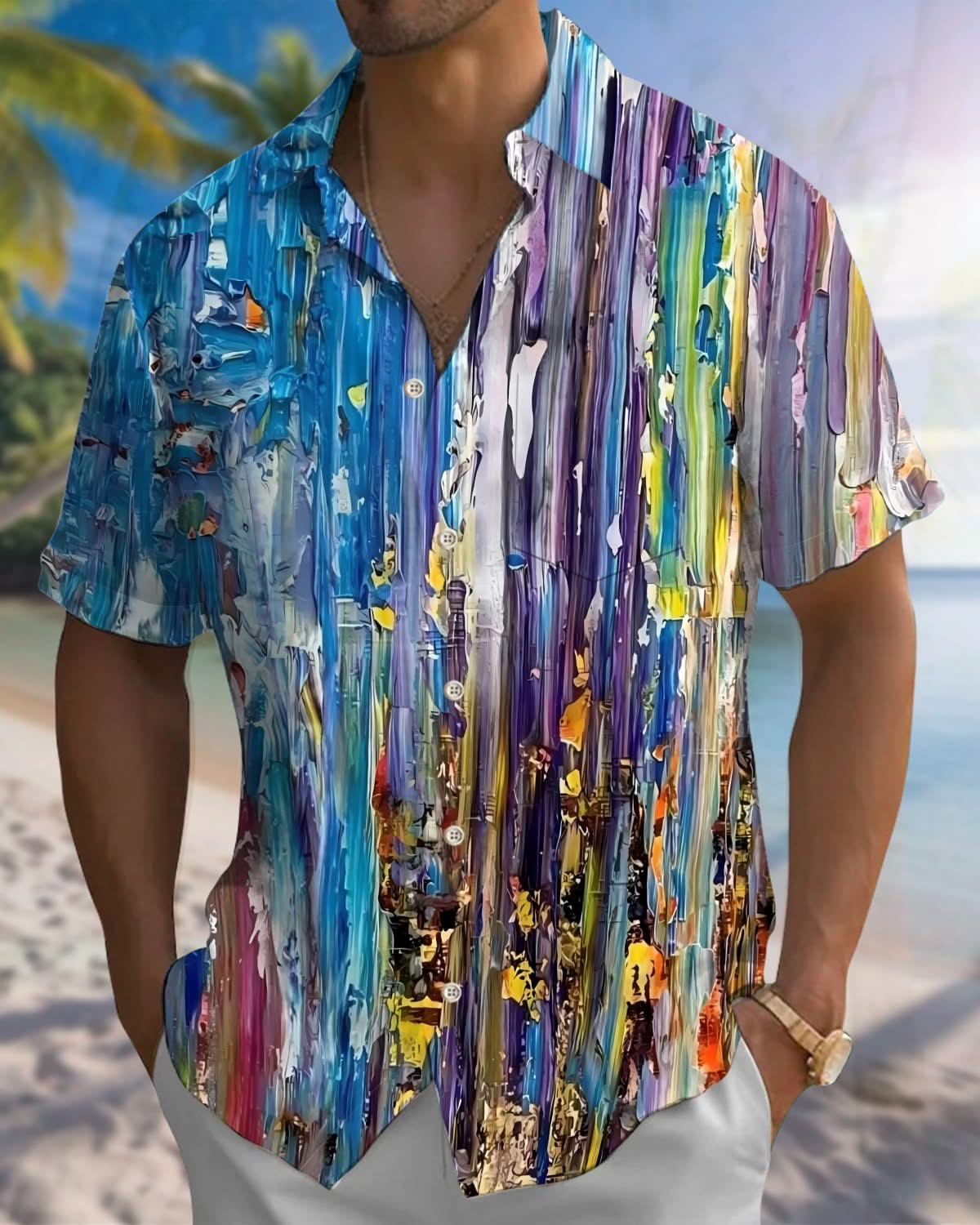 Alohadaddy® Vintage Striped Acrylic Print Art Pocket Button Stretch Men's Short Sleeve Shirt Big & Tall