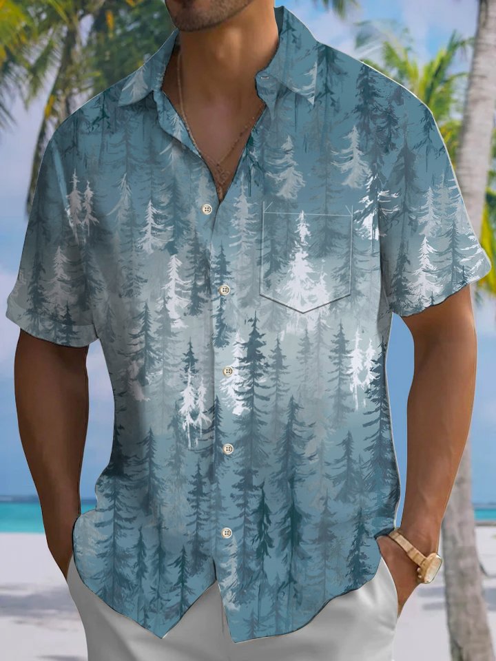 Alohadaddy® Casual Forest Art Print Chest Pocket Mens Short Sleeve Shirt Big &amp; Tall