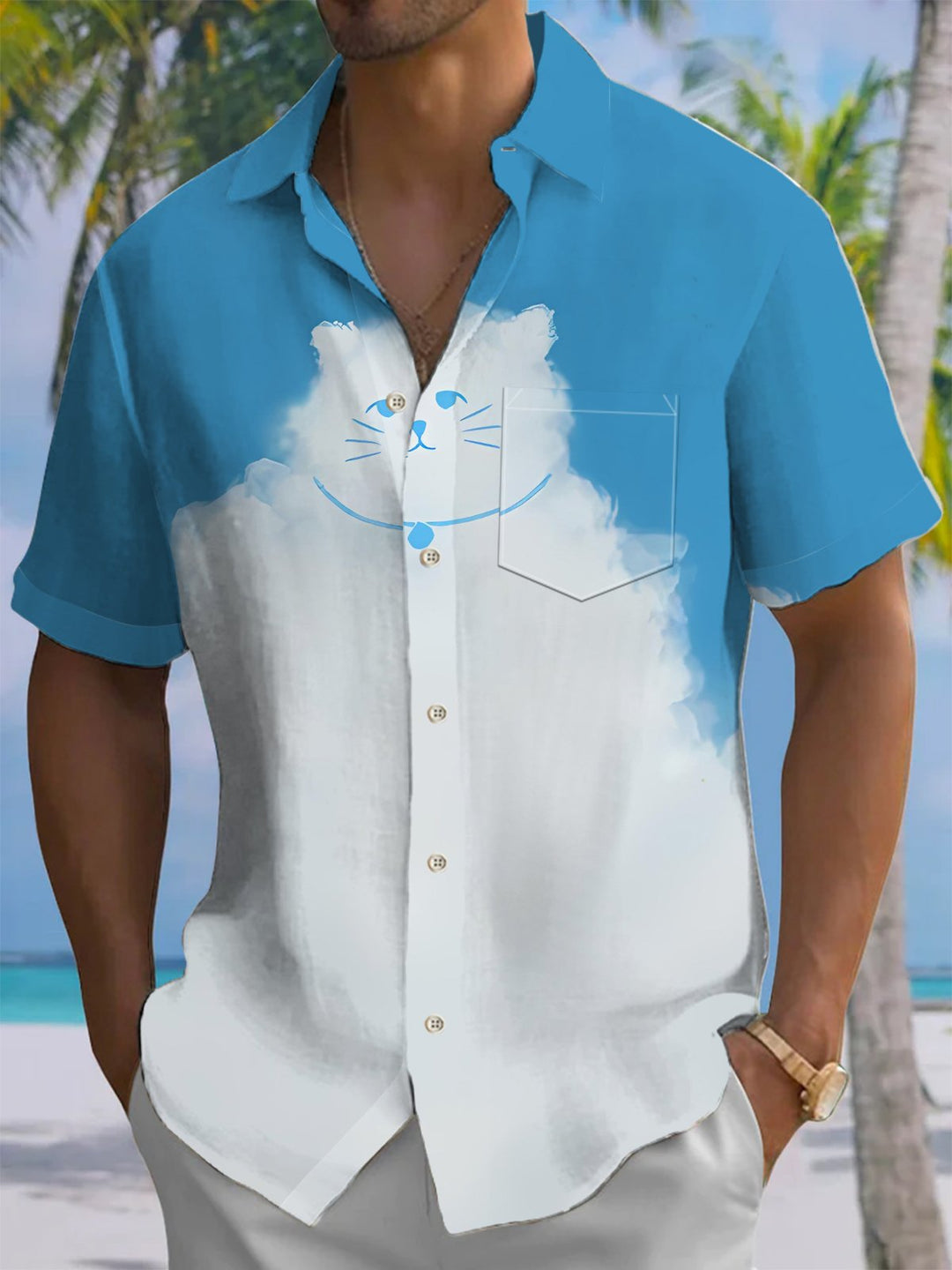 Alohadaddy® Casual Funny Cloud Cat Triangle Print Art Chest Pocket Men&