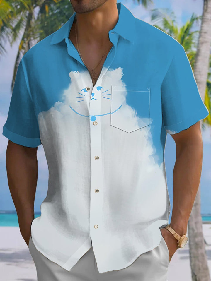 Alohadaddy® Casual Funny Cloud Cat Triangle Print Art Chest Pocket Men&