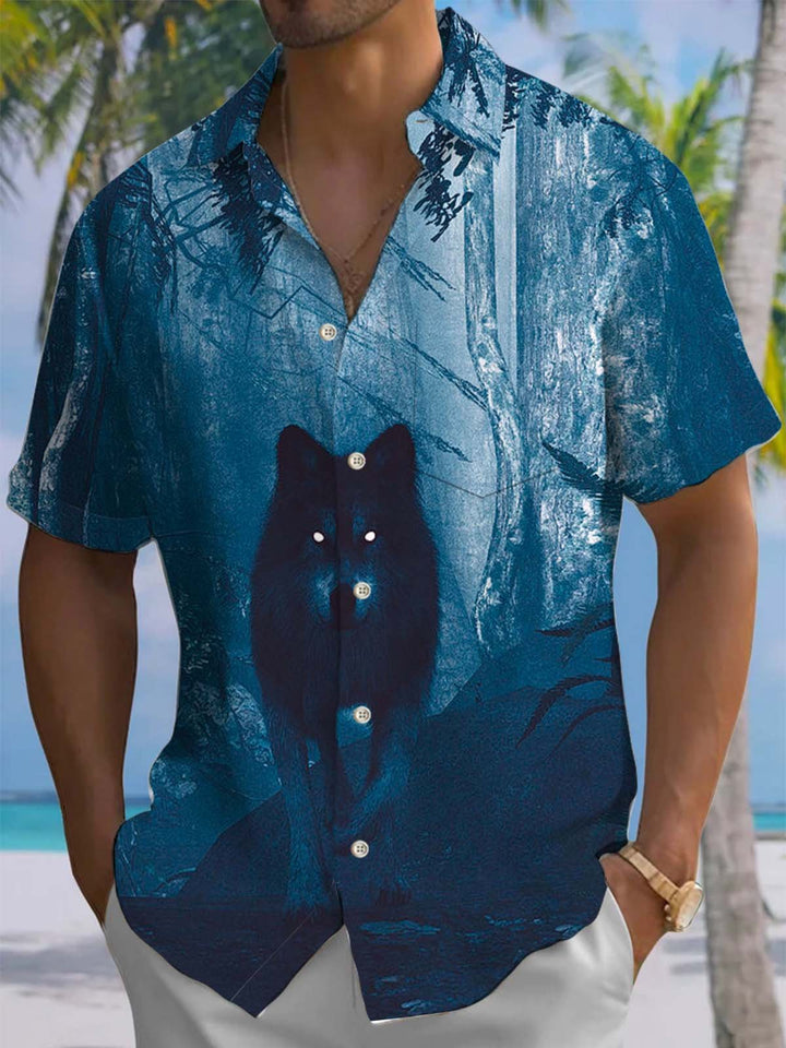 Alohadaddy® Casual Wolf Print Art Chest Pocket Stretch Men&