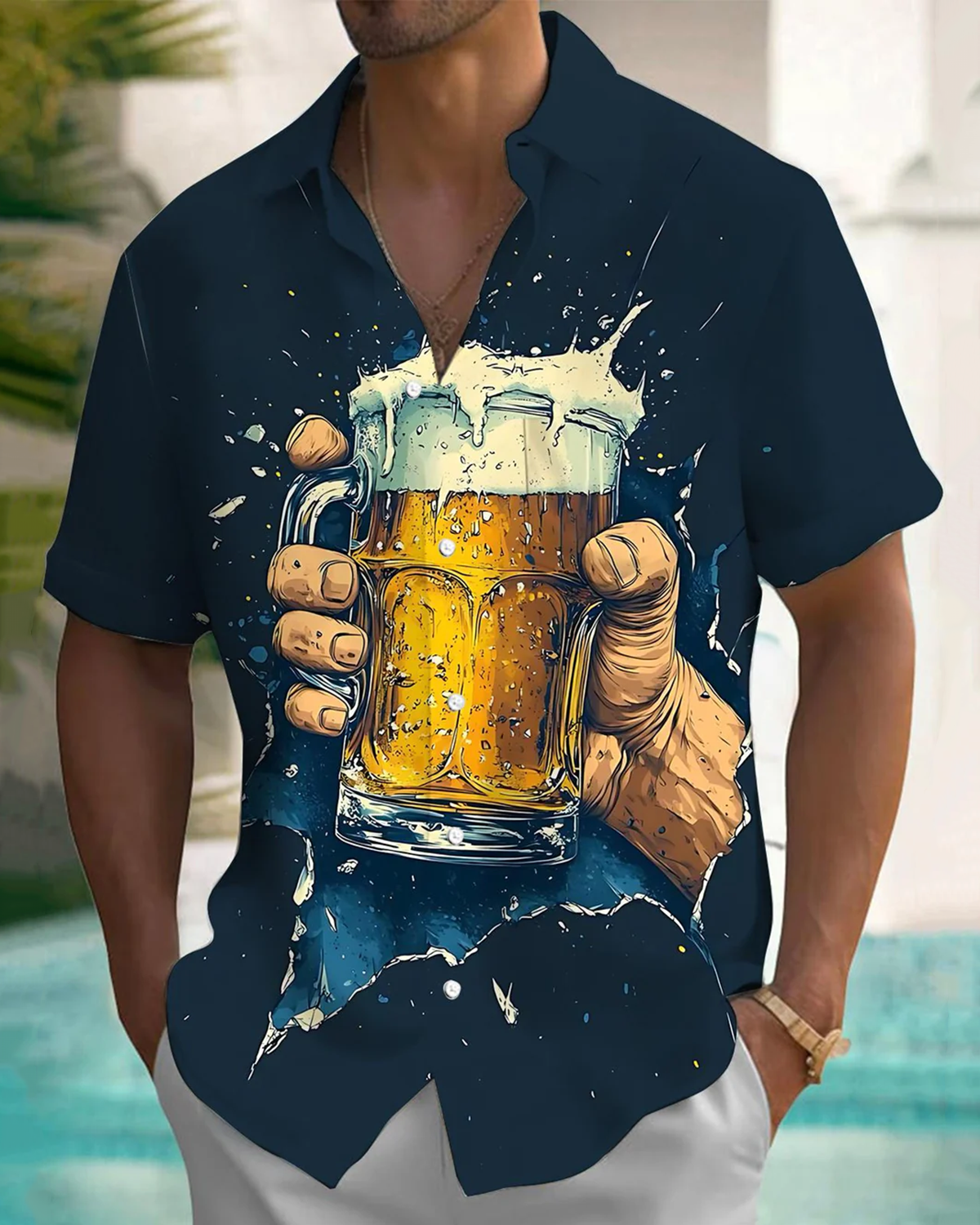 Alohadaddy® Vintage Beer Art Print Pocket Elastic Button Men's Short Sleeve Shirt Big & Tall