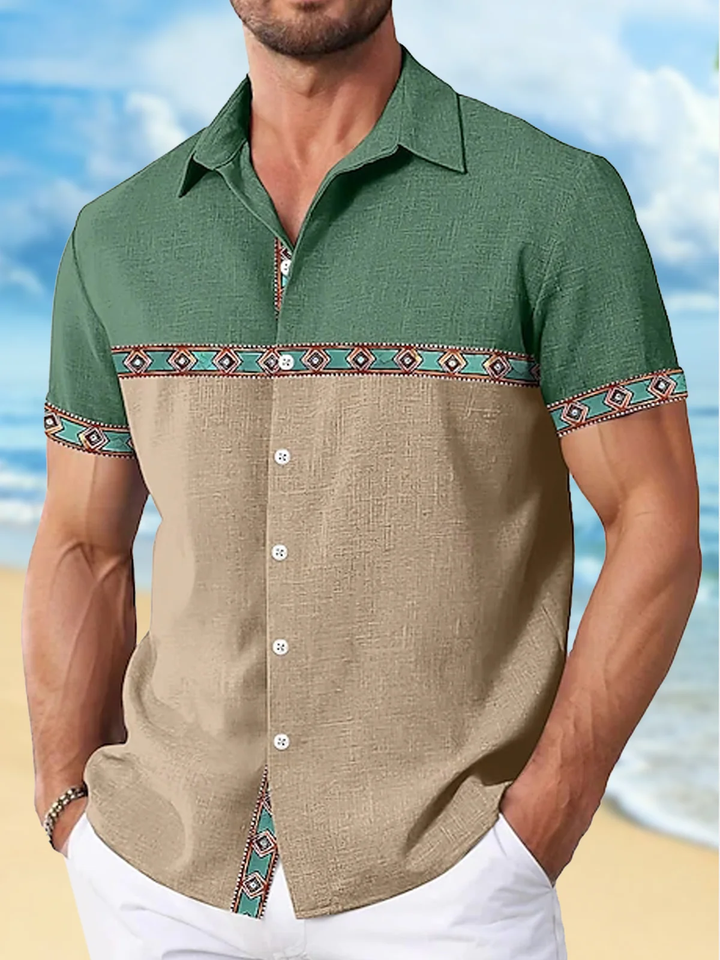 Alohadaddy® Casual Contrast Ethnic Art Print Chest Pocket Men Short Sleeve Shirt Big &amp; Tall