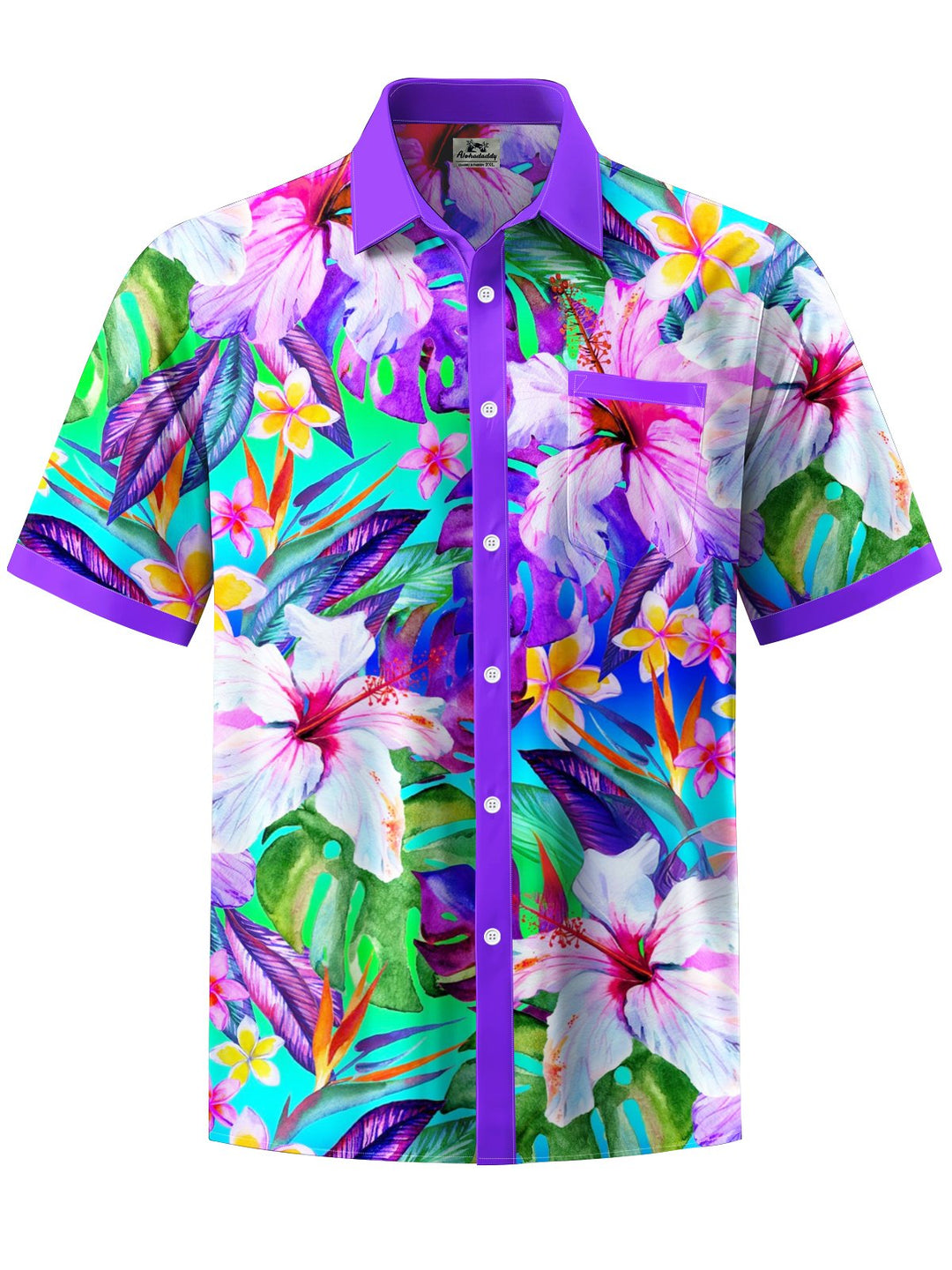 Alohadaddy® Hawaiian Flowers Contrast Color Art Print Chest Pocket Moisture Wicking Men&