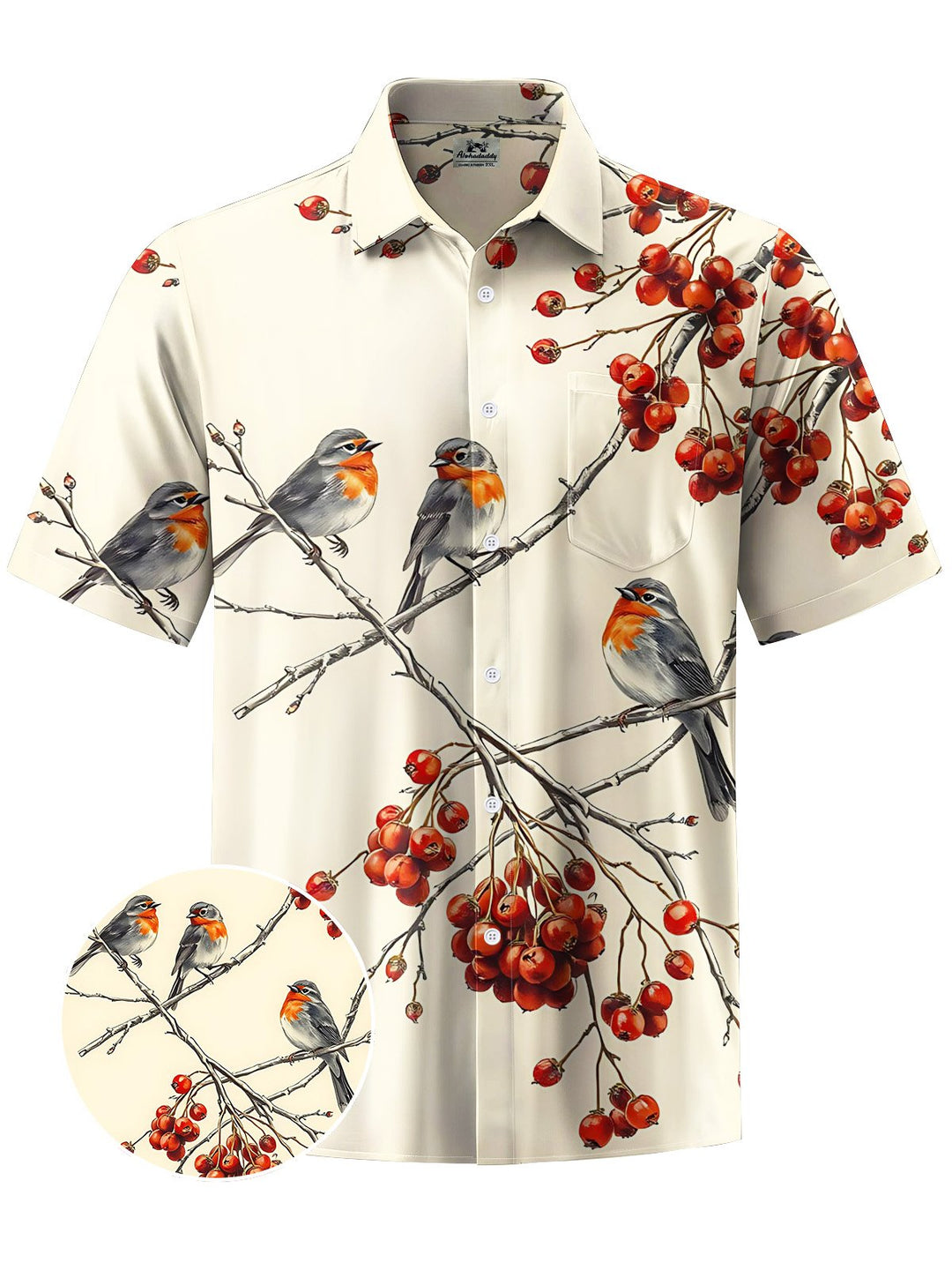 Alohadaddy® Vintage Bird Art Print Chest Pocket Mens Short Sleeve Shirt Big &amp; Tall