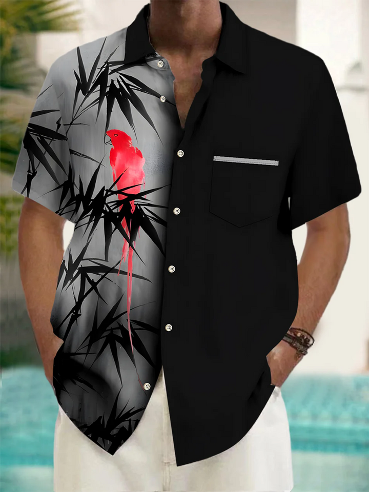 Alohadaddy® Casual Parrot Contrast Bamboo Art Print Chest Pocket Mens Short Sleeve Shirt Big &amp; Tall