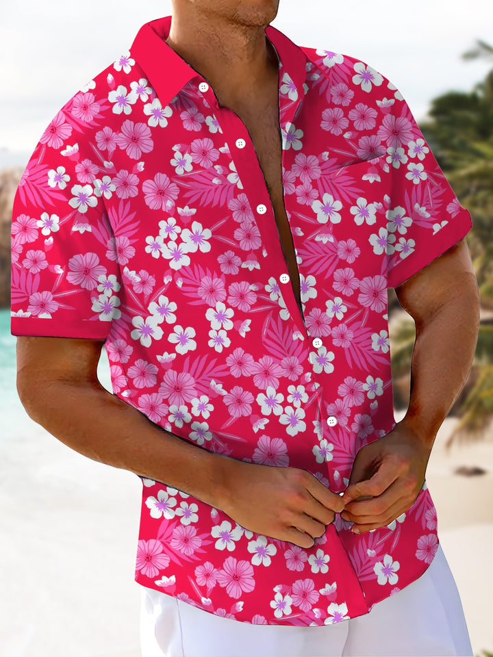 Alohadaddy® Hawaiian Floral Contrast Art Print with Chest Pocket for Men&