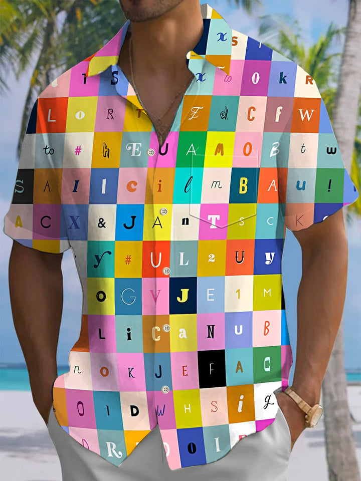 Alohadaddy® Casual Plaid Lettering Abstract Print Art Pocket Stretch Men&