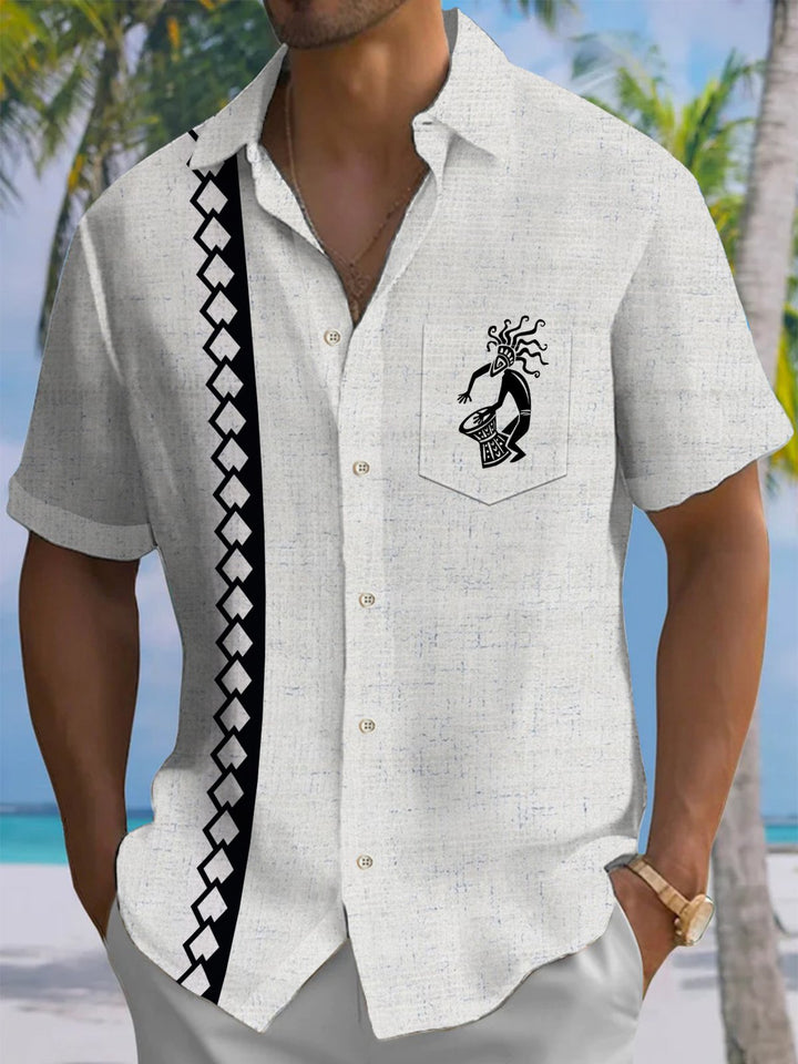 Alohadaddy® Casual Striped Tiki Print Chest Pocket Stretch Men&