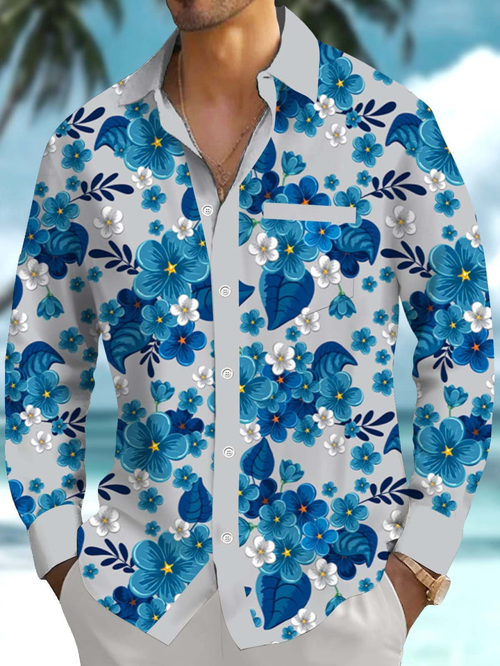 Alohadaddy® Casual Floral Contrast Art Print Chest Pocket Stretch Men&