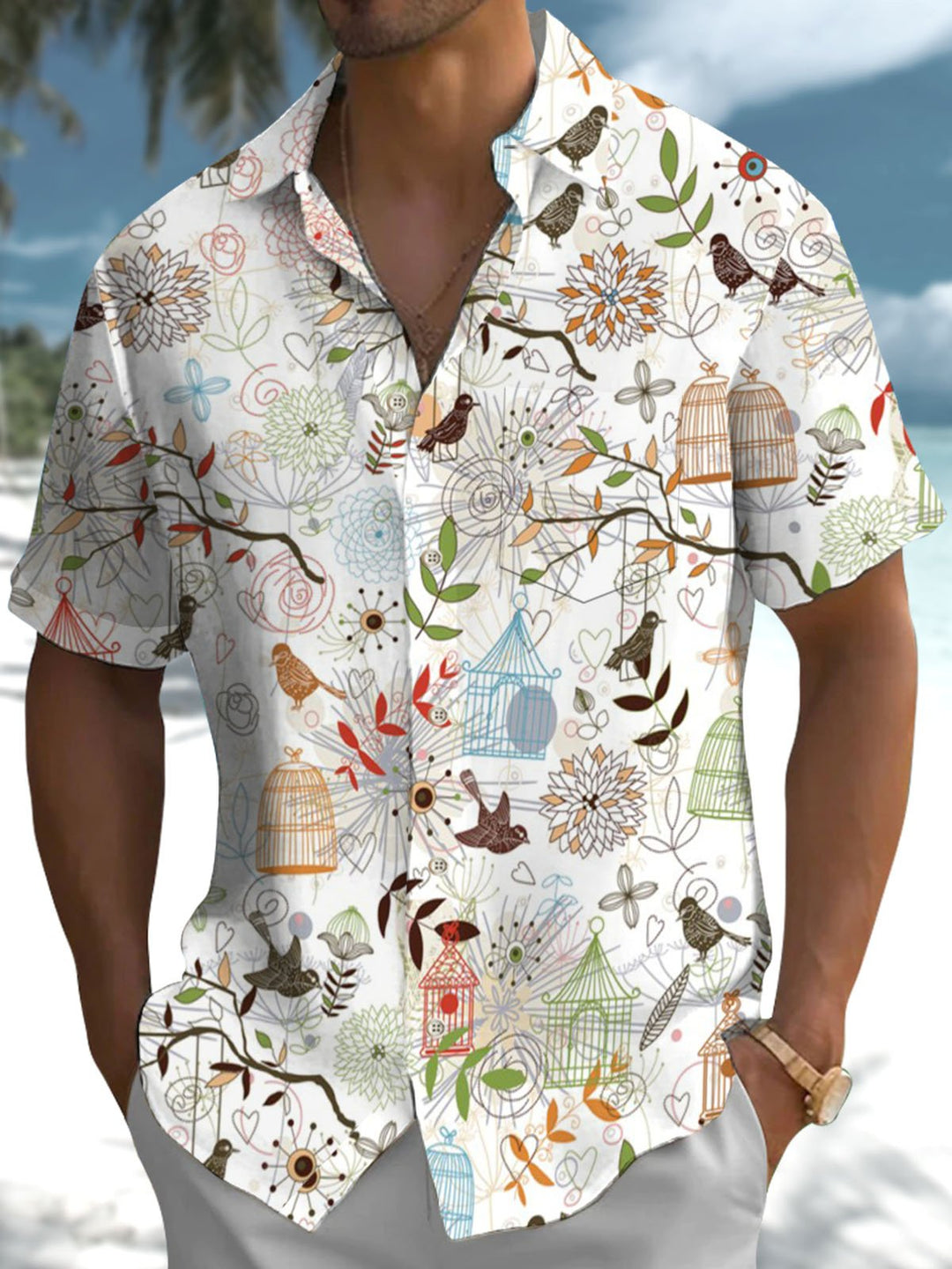 Alohadaddy® Casual Bird Art Print Stretch Pocket Men&
