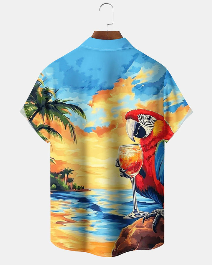 Alohadaddy® Hawaiian Parrot Vacation Print Art Pocket Button-Down Short-Sleeve Shirt for Men Big &amp; Tall