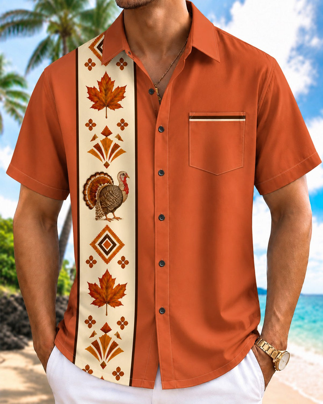 Alohadaddy® Holiday Retro Thanksgiving Turkey Maple Bowling Print Men&