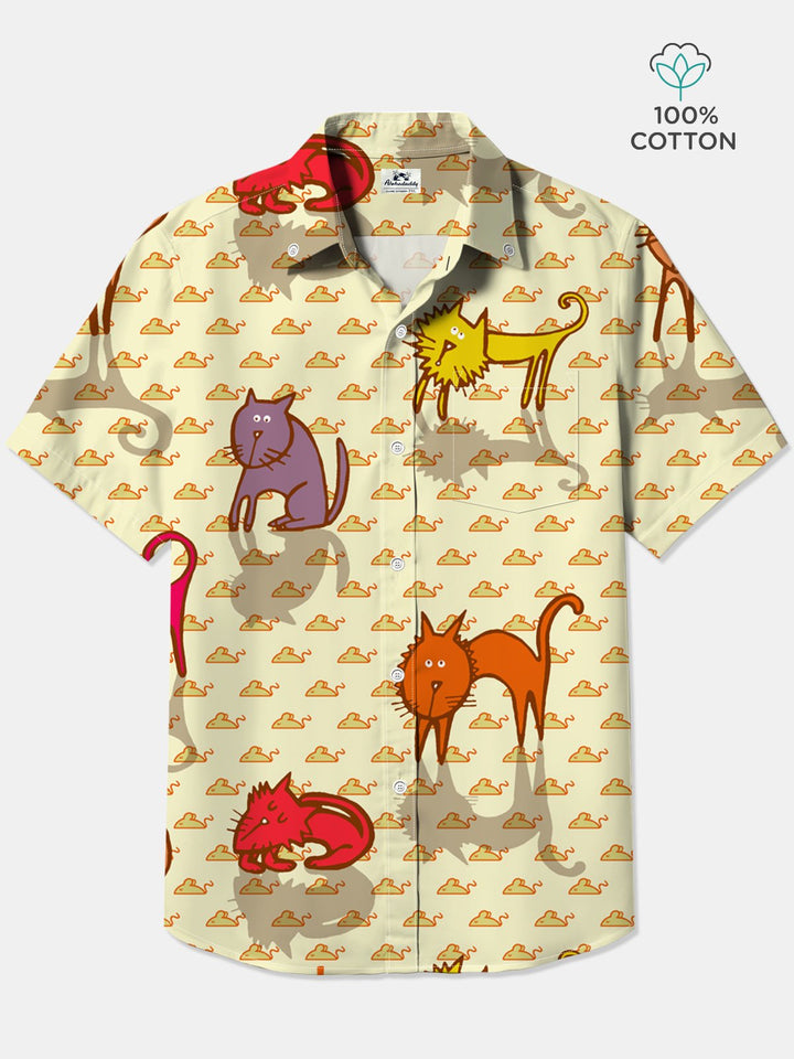 Alohadaddy Cotton Cat Mouse Cartoon Print Art Moisture Wicking Chest Pocket Large Size Stretch Hawaiian Short Sleeve Shirt