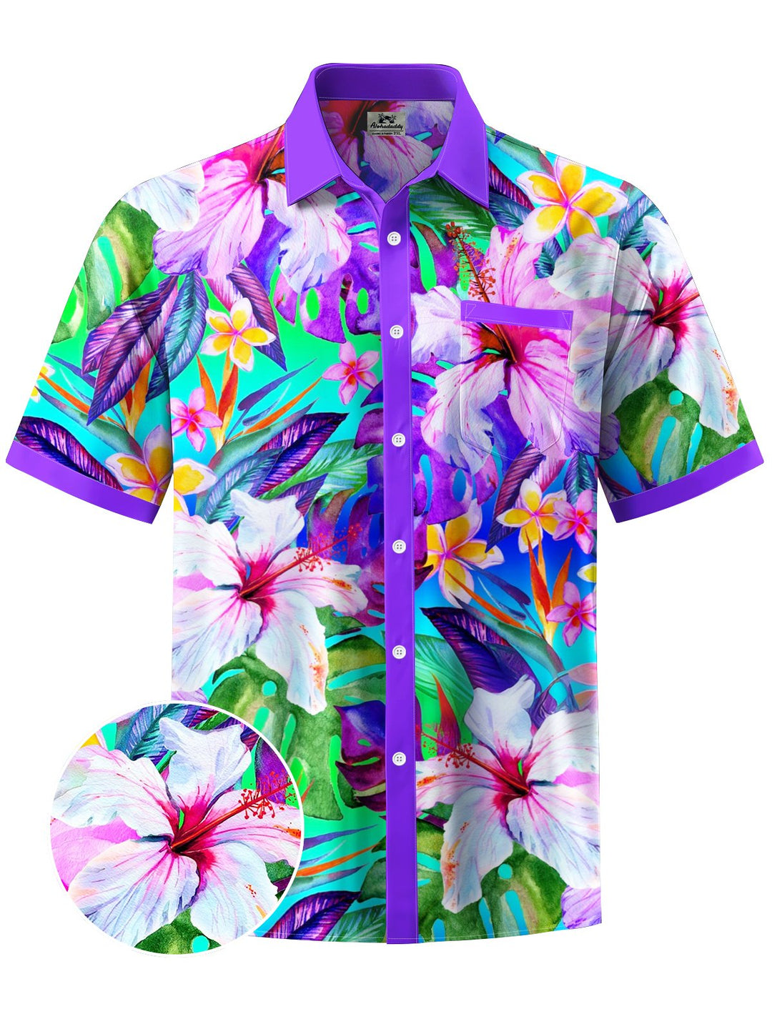 Alohadaddy® Hawaiian Flowers Contrast Color Art Print Chest Pocket Moisture Wicking Men&