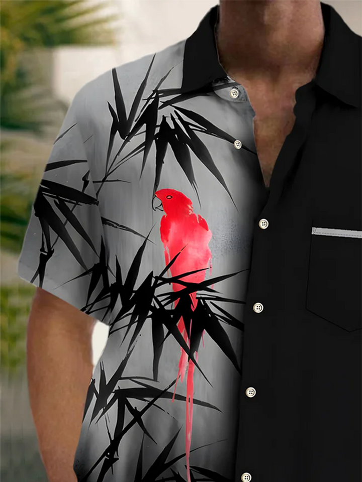 Alohadaddy® Casual Parrot Contrast Bamboo Art Print Chest Pocket Mens Short Sleeve Shirt Big &amp; Tall