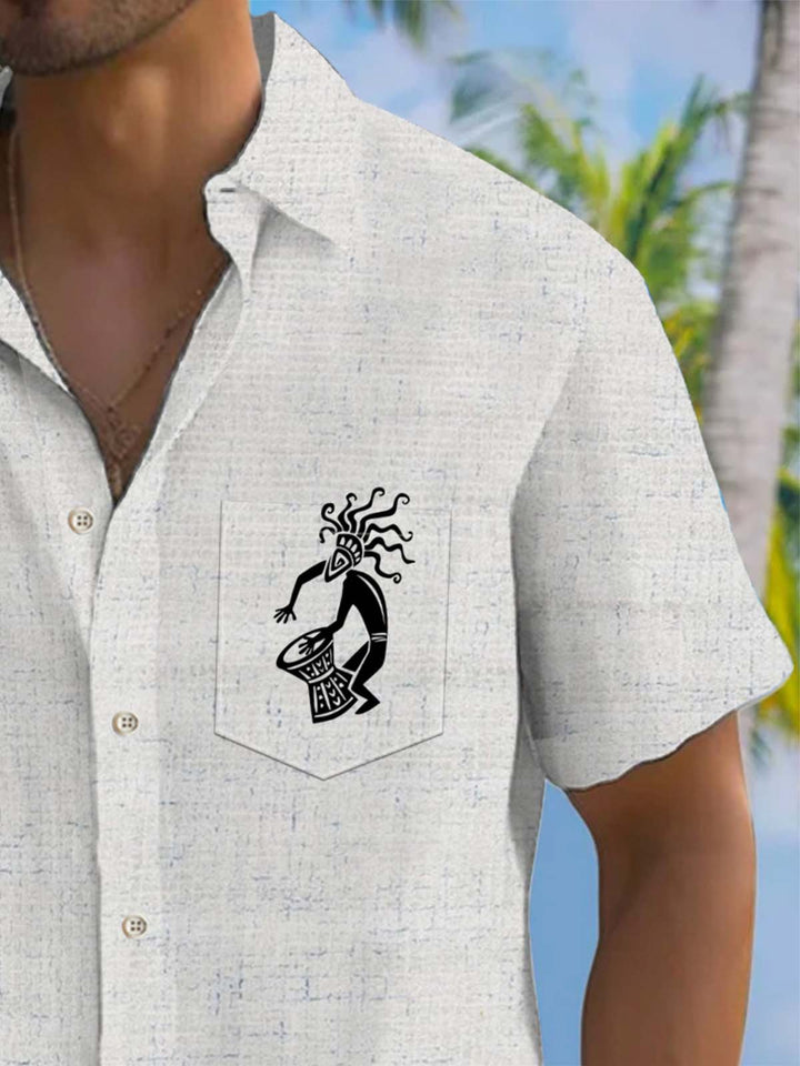 Alohadaddy® Casual Striped Tiki Print Chest Pocket Stretch Men&