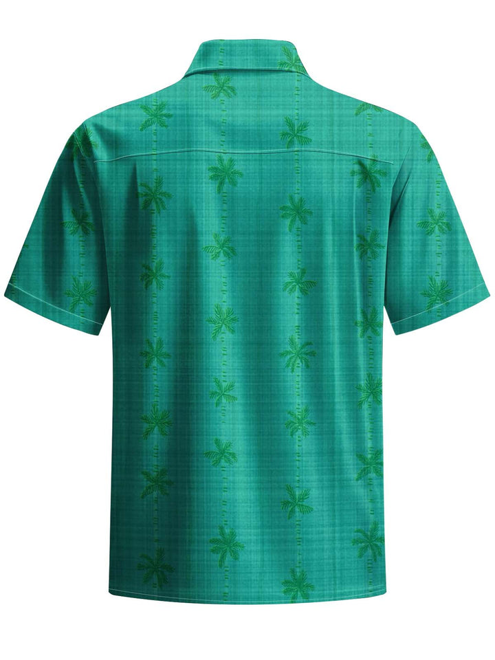 Alohadaddy® Casual Striped Coconut Tree Art Print Chest Pocket Men&