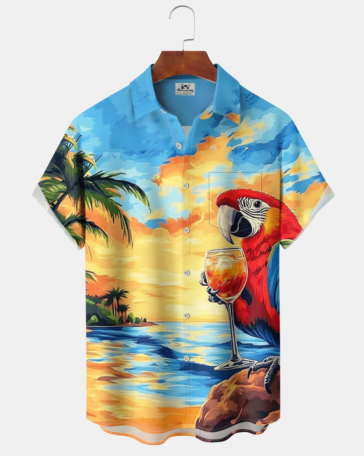 Alohadaddy® Hawaiian Parrot Vacation Print Art Pocket Button-Down Short-Sleeve Shirt for Men Big &amp; Tall