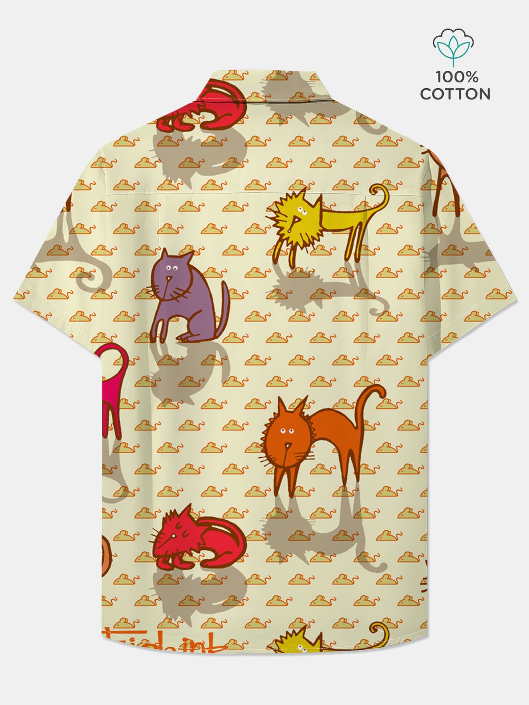 Alohadaddy Cotton Cat Mouse Cartoon Print Art Moisture Wicking Chest Pocket Large Size Stretch Hawaiian Short Sleeve Shirt