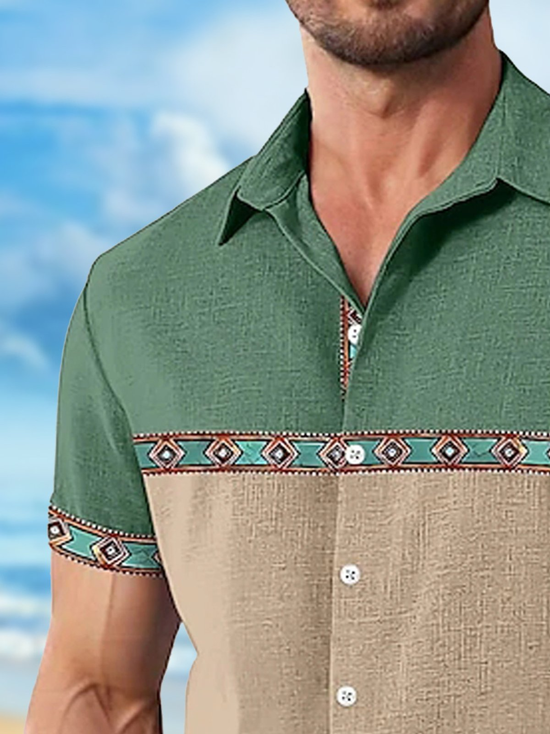 Alohadaddy® Casual Contrast Ethnic Art Print Chest Pocket Men Short Sleeve Shirt Big &amp; Tall