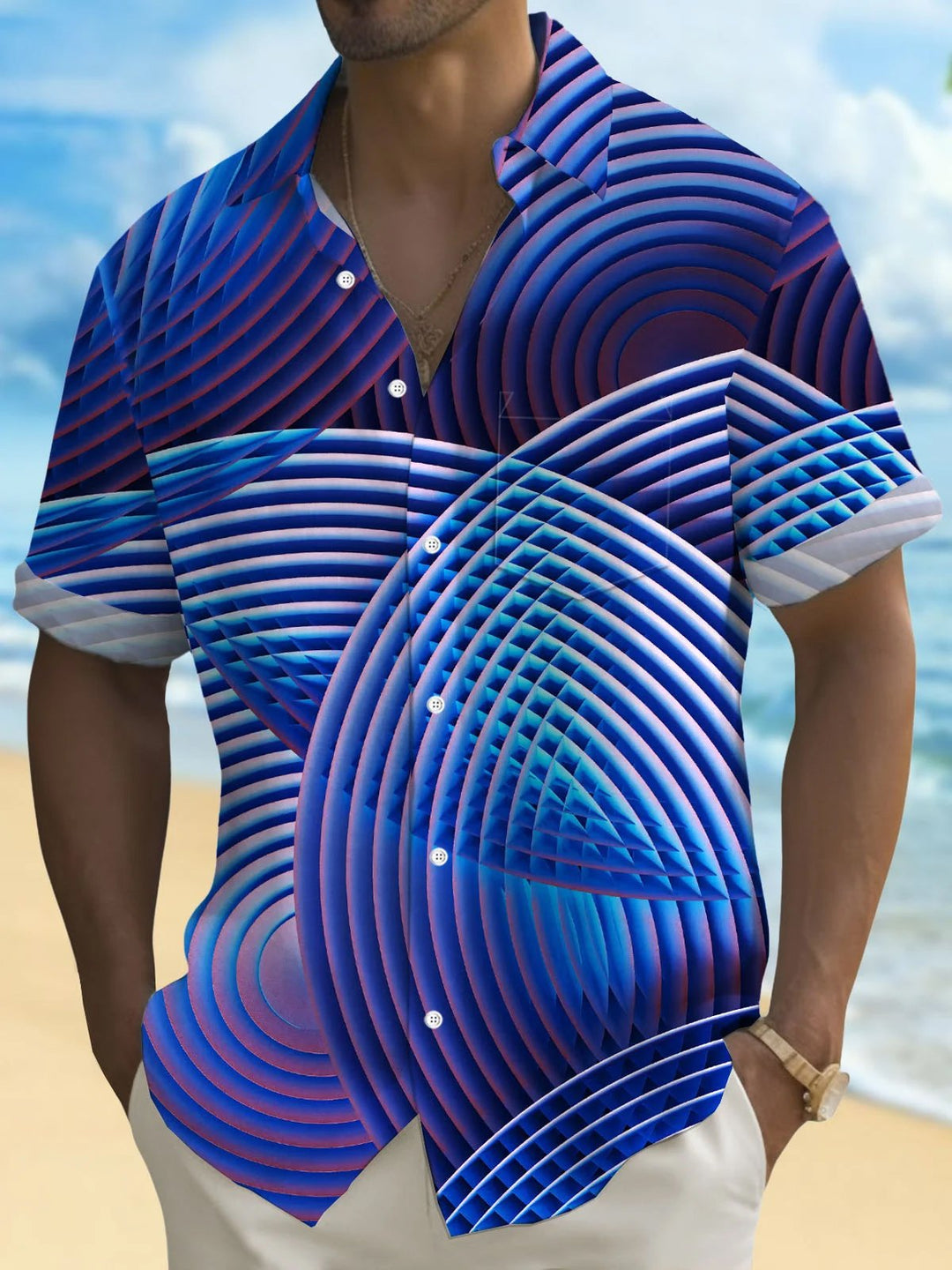 Alohadaddy® Casual Geometric Art Print Chest Pocket Men&
