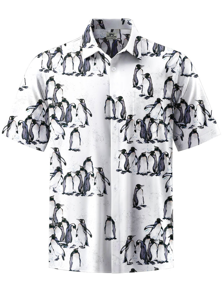 Alohadaddy® Casual Penguin Art Print Chest Pocket Stretch Men&