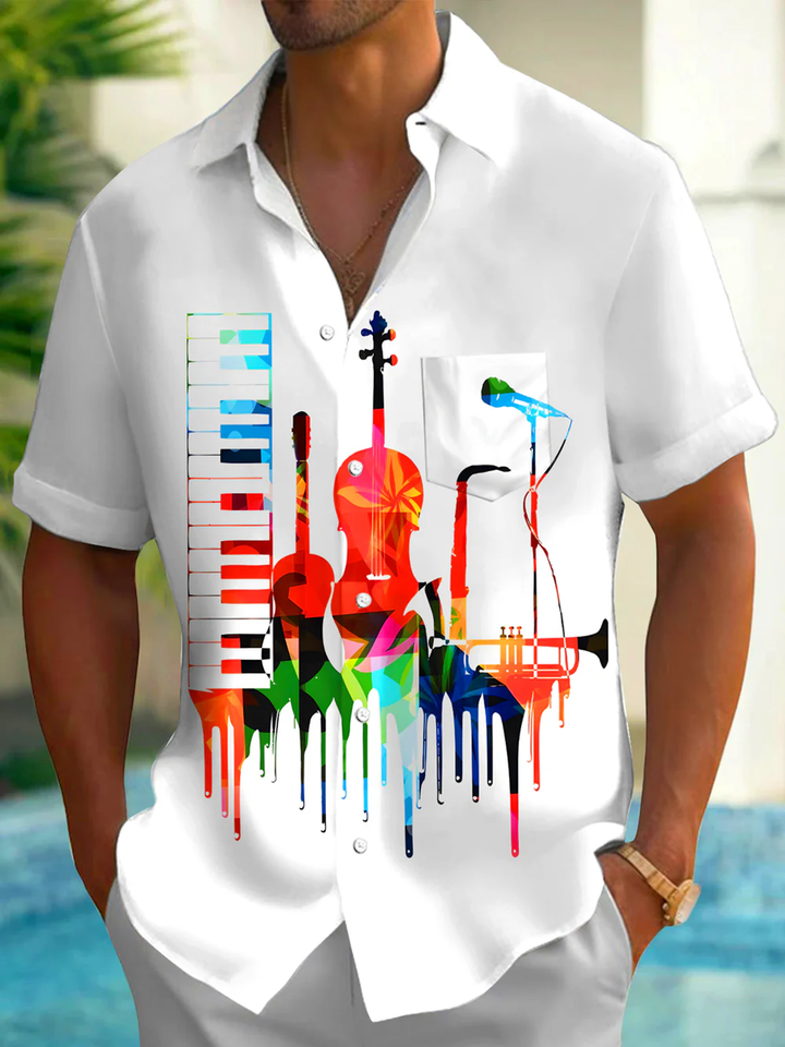 Alohadaddy® Casual Musical Instrument Art Print Chest Pocket Men&