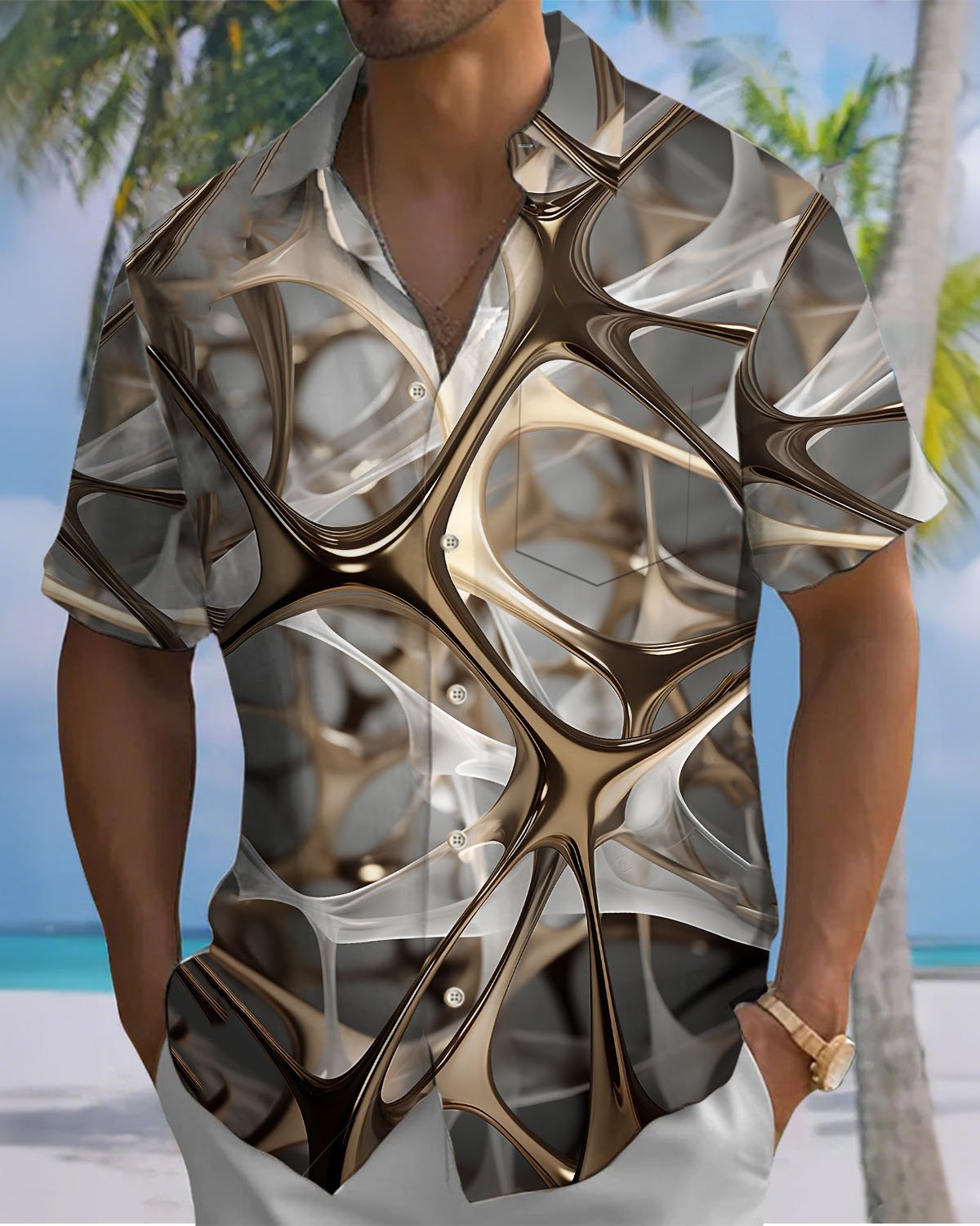 Alohadaddy® Casual Abstract Geometric Print Art Button Pocket Cardigan Men's Short Sleeve Shirt Big & Tall