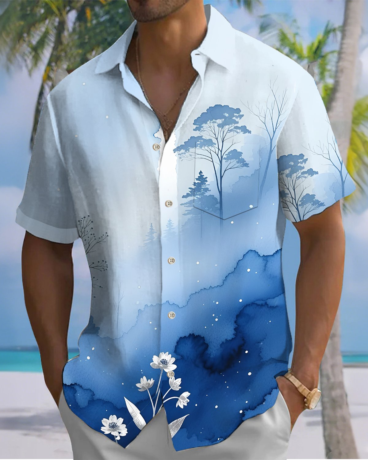 Alohadaddy® Casual Gradient Print Art Button Pocket Cardigan Men's Short Sleeve Shirt Big & Tall