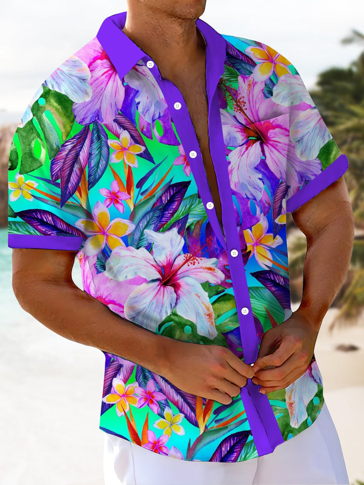 Alohadaddy® Hawaiian Flowers Contrast Color Art Print Chest Pocket Moisture Wicking Men&