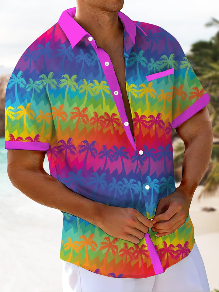 Alohadaddy® Hawaii Palm Trees Gradient Contrast Art Print Chest Pocket Mens Short Sleeve Shirts Big &amp; Tall