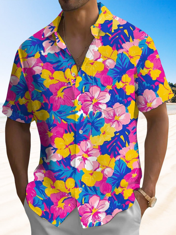 Alohadaddy® Hawaiian Flowers Art Print Chest Pocket Mens Short Sleeve Shirts Big &amp; Tall