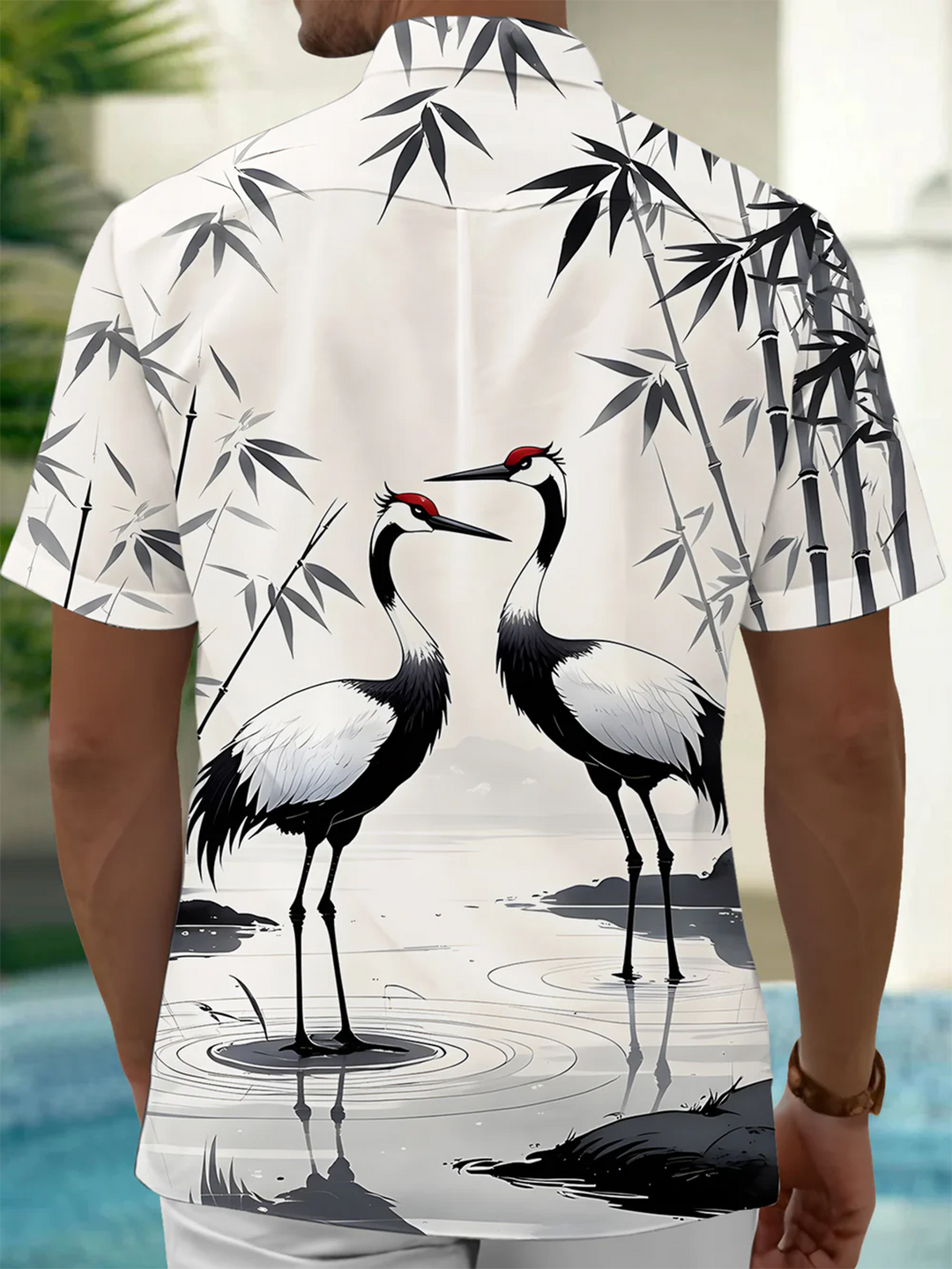 Alohadaddy® Casual Bamboo Crane Art Print Chest Pocket Men&