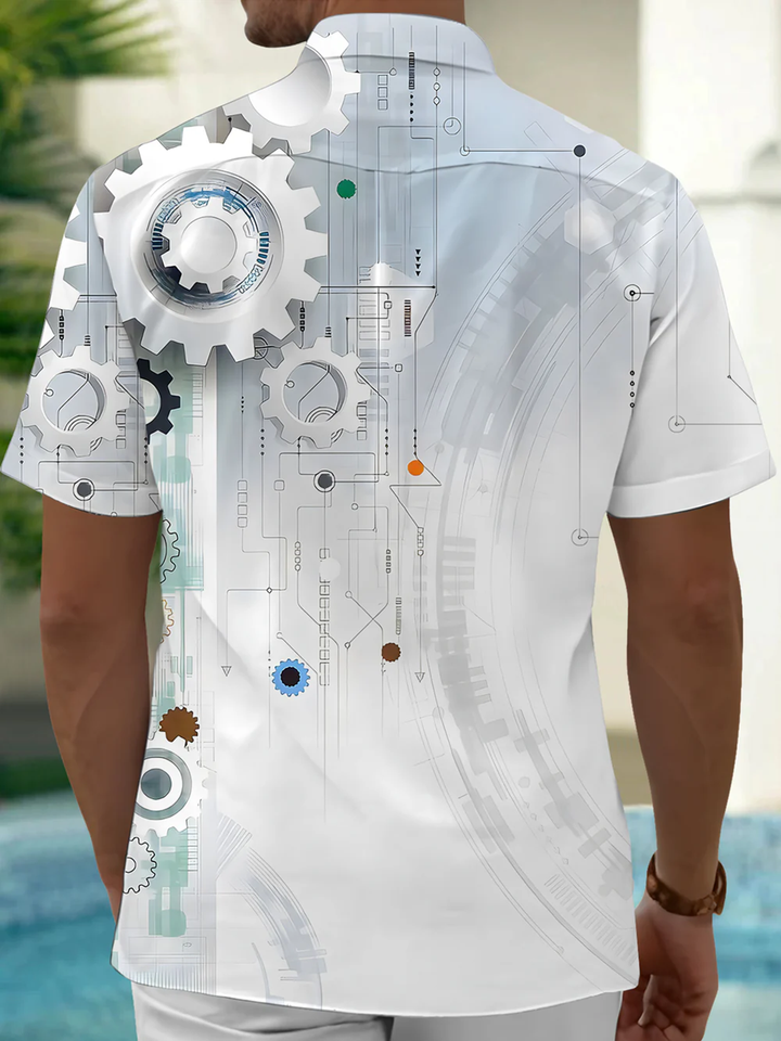 Alohadaddy® Casual Geometric Gear Art Print Chest Pocket Men&