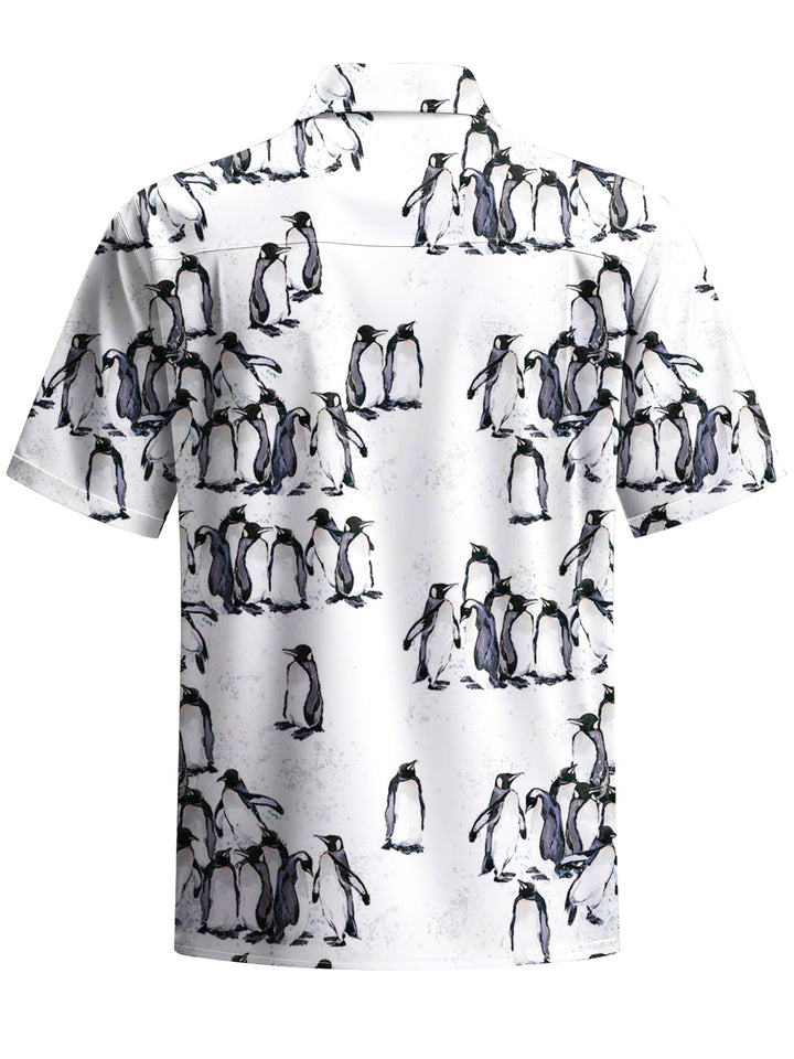 Alohadaddy® Casual Penguin Art Print Chest Pocket Stretch Men&