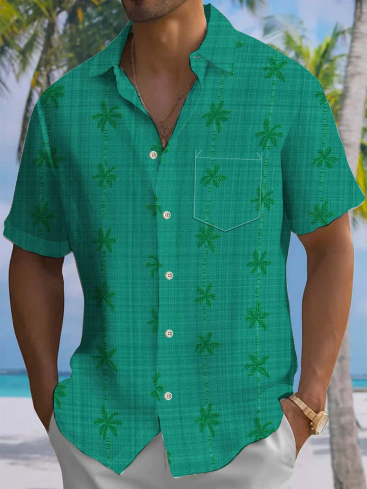 Alohadaddy® Casual Striped Coconut Tree Art Print Chest Pocket Men&
