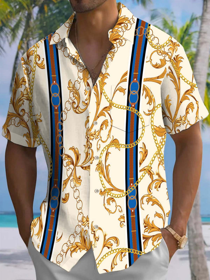 Alohadaddy® Baroque Gold Chain Stripe Print Art Chest Pocket Men&