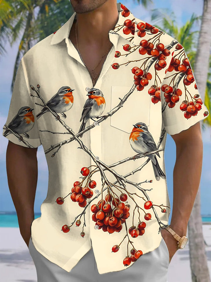 Alohadaddy® Vintage Bird Art Print Chest Pocket Mens Short Sleeve Shirt Big &amp; Tall