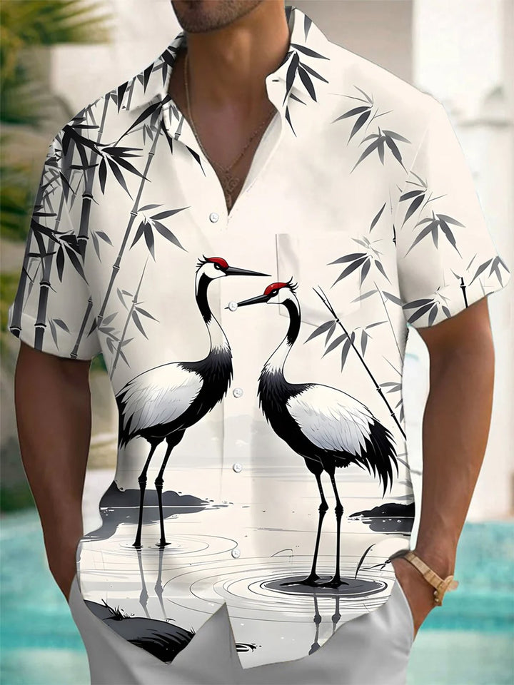 Alohadaddy® Casual Bamboo Crane Art Print Chest Pocket Men&